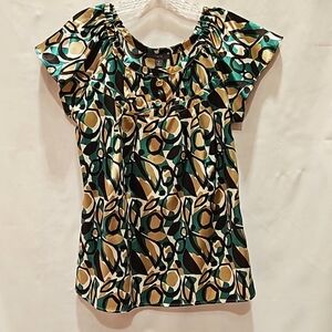 Apt 9, Satin blouse, Brown,gold and turquoise, Sz M, Abstract,